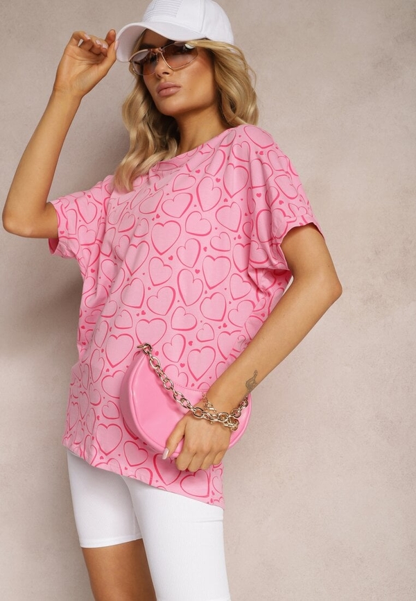 Różowy t-shirt Renee z bawełny w stylu casual z okrągłym dekoltem