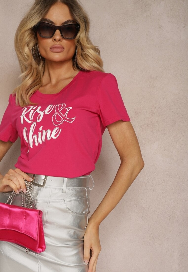 Różowy t-shirt Renee z krótkim rękawem z bawełny