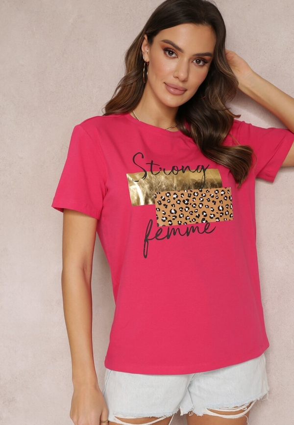 Różowy t-shirt Renee z okrągłym dekoltem w młodzieżowym stylu