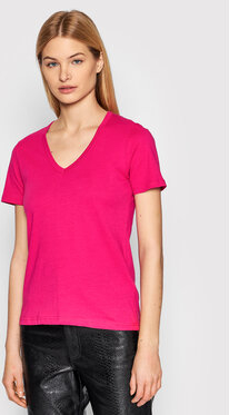Różowy t-shirt Replay z krótkim rękawem w stylu casual z dekoltem w kształcie litery v