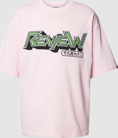 Różowy t-shirt Review w młodzieżowym stylu z bawełny