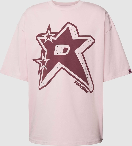 Różowy t-shirt Review w młodzieżowym stylu z bawełny z krótkim rękawem