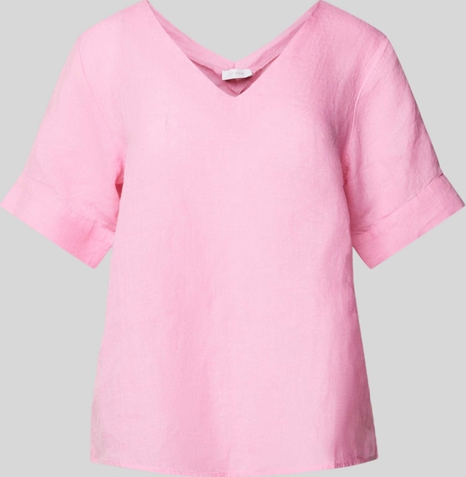 Różowy t-shirt Rich & Royal z krótkim rękawem z lnu w stylu casual