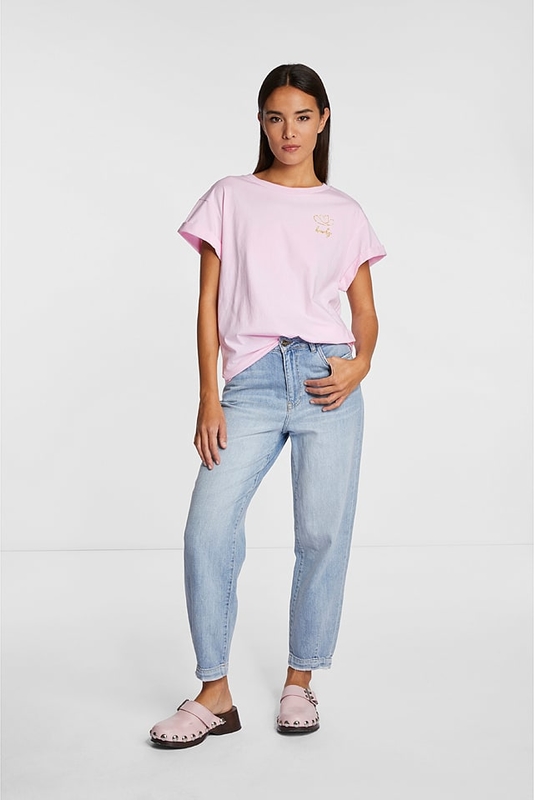 Różowy t-shirt Rich & Royal z okrągłym dekoltem w stylu casual