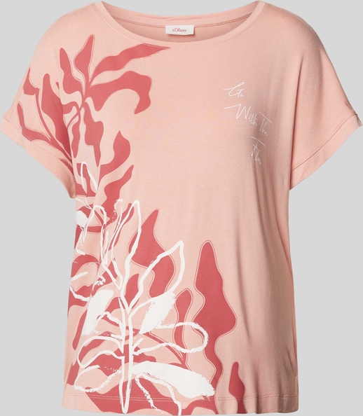 Różowy t-shirt S.Oliver z nadrukiem z okrągłym dekoltem