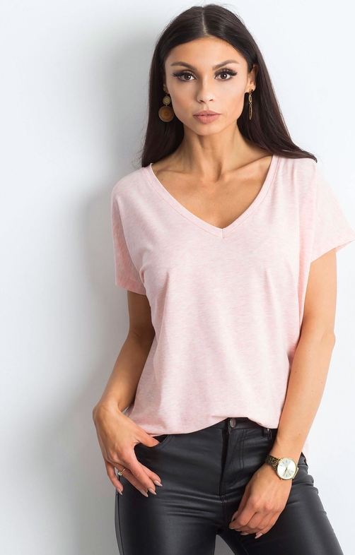 Różowy t-shirt Sheandher.pl z bawełny z krótkim rękawem z dekoltem w kształcie litery v