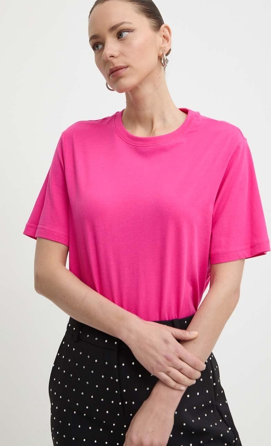 Różowy t-shirt Silvian Heach z okrągłym dekoltem z krótkim rękawem w stylu casual