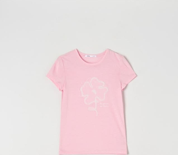 Różowy t-shirt Sinsay z bawełny z nadrukiem