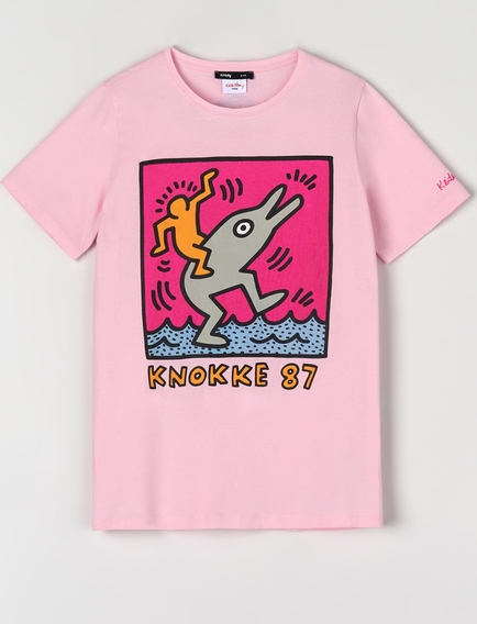 Różowy t-shirt Sinsay z krótkim rękawem w młodzieżowym stylu z okrągłym dekoltem