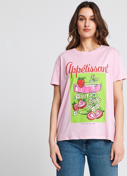 Różowy t-shirt Sinsay z okrągłym dekoltem w młodzieżowym stylu z nadrukiem