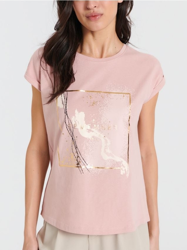Różowy t-shirt Sinsay z okrągłym dekoltem z bawełny w młodzieżowym stylu