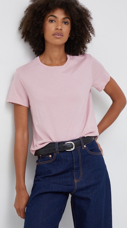 Różowy t-shirt Sisley z okrągłym dekoltem z krótkim rękawem w stylu casual
