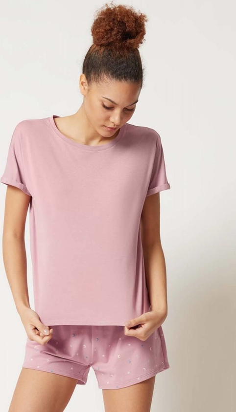 Różowy t-shirt Skiny w stylu casual