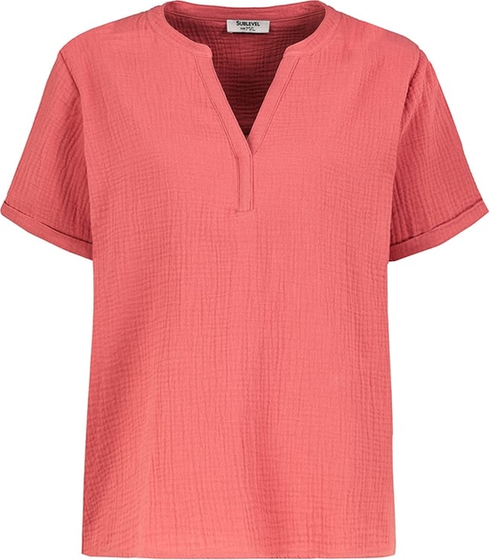 Różowy t-shirt SUBLEVEL z krótkim rękawem z dekoltem w kształcie litery v w stylu casual
