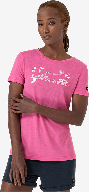 Różowy t-shirt super.natural z krótkim rękawem z wełny z okrągłym dekoltem