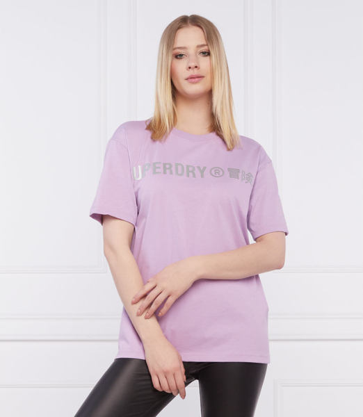 Różowy t-shirt Superdry z okrągłym dekoltem z krótkim rękawem