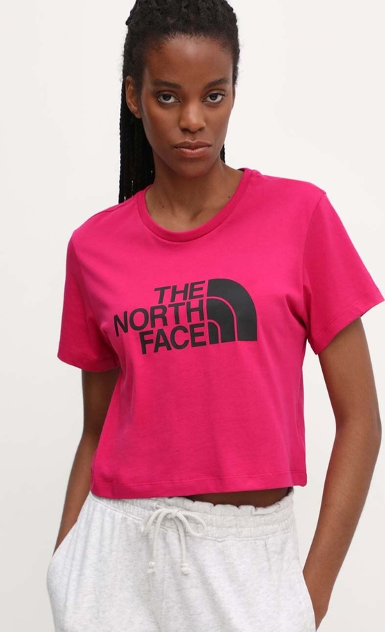 Różowy t-shirt The North Face z krótkim rękawem w sportowym stylu z bawełny