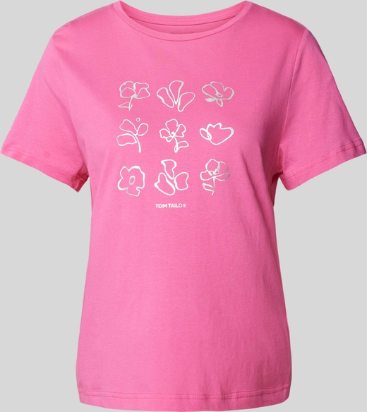 Różowy t-shirt Tom Tailor z krótkim rękawem z okrągłym dekoltem z bawełny