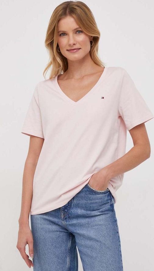 Różowy t-shirt Tommy Hilfiger w stylu casual z krótkim rękawem
