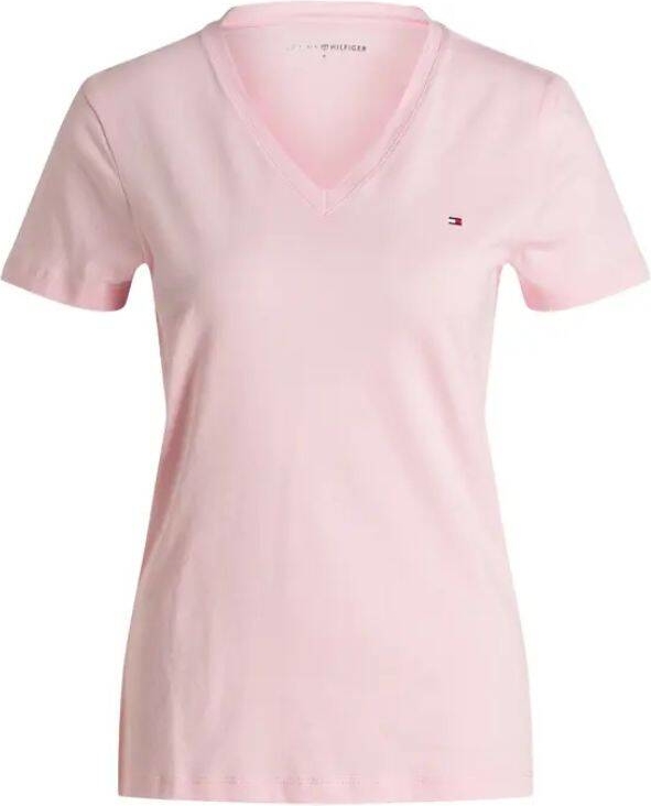Różowy t-shirt Tommy Hilfiger z dekoltem w kształcie litery v z krótkim rękawem z bawełny