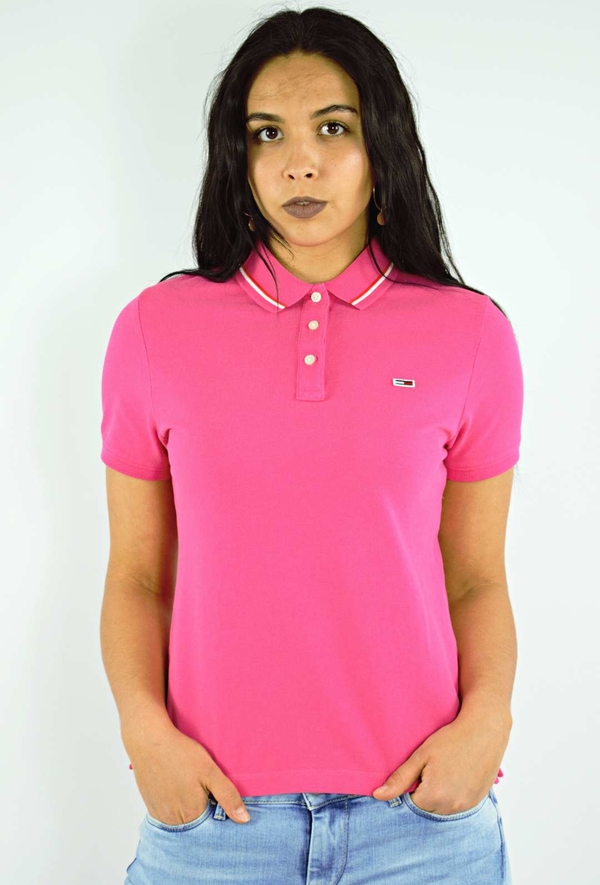 Różowy t-shirt Tommy Hilfiger z krótkim rękawem z golfem