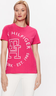 Różowy t-shirt Tommy Hilfiger z krótkim rękawem z okrągłym dekoltem w młodzieżowym stylu