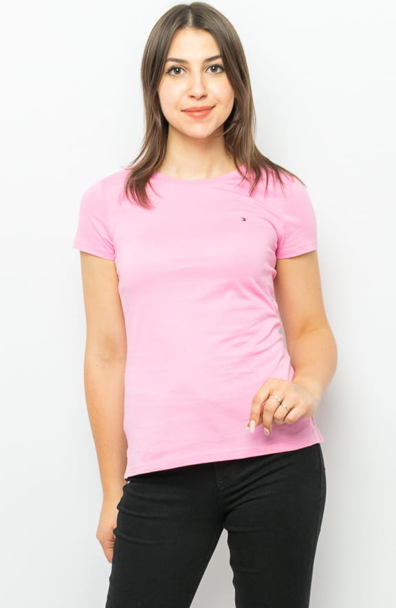 Różowy t-shirt Tommy Hilfiger z krótkim rękawem z okrągłym dekoltem w stylu casual