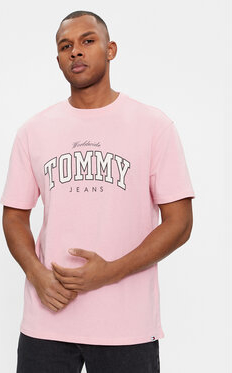 Różowy t-shirt Tommy Jeans w młodzieżowym stylu z krótkim rękawem