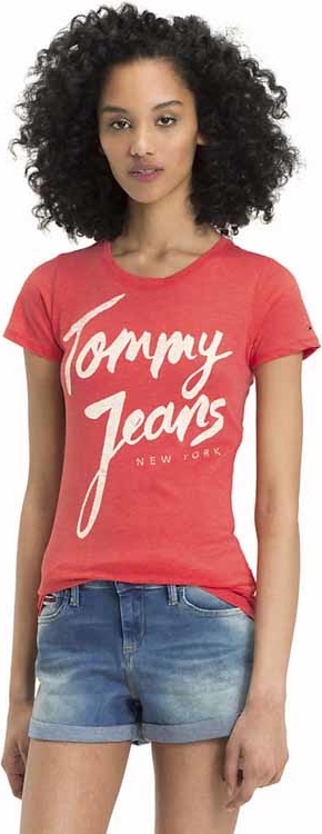 Różowy t-shirt Tommy Jeans w młodzieżowym stylu z krótkim rękawem z okrągłym dekoltem
