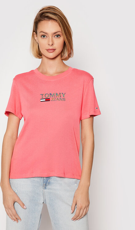 Różowy t-shirt Tommy Jeans z okrągłym dekoltem w młodzieżowym stylu z krótkim rękawem