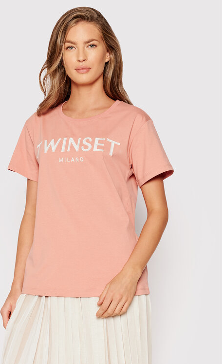 Różowy t-shirt Twinset z krótkim rękawem z okrągłym dekoltem w młodzieżowym stylu
