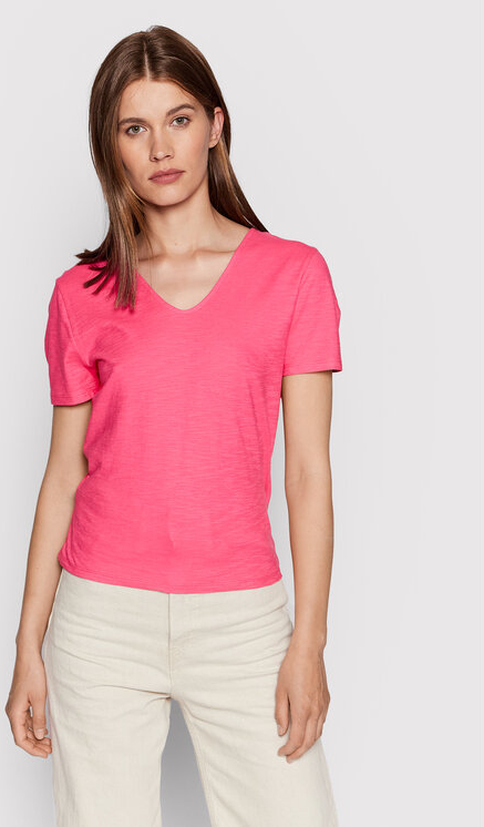 Różowy t-shirt United Colors Of Benetton z dekoltem w kształcie litery v
