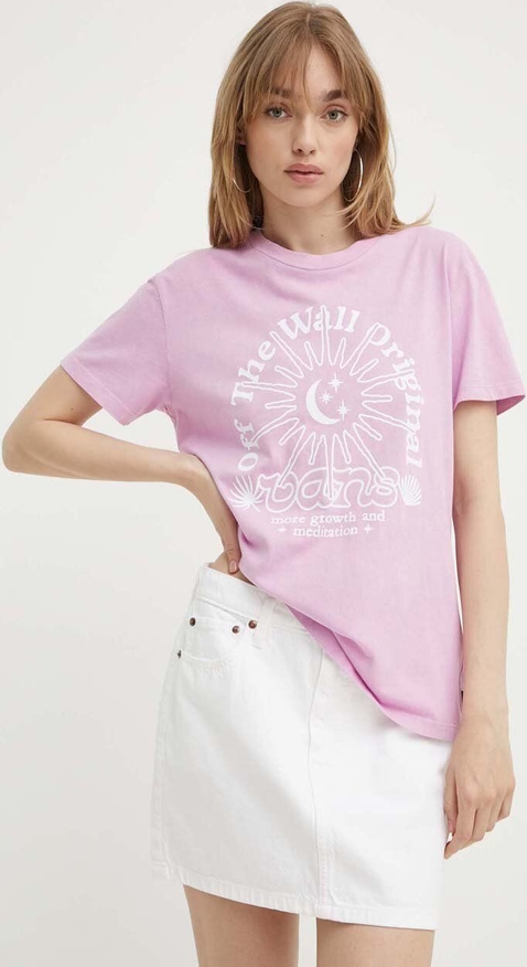 Różowy t-shirt Vans w młodzieżowym stylu z krótkim rękawem
