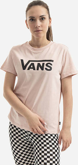Różowy t-shirt Vans z okrągłym dekoltem w młodzieżowym stylu