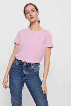 Różowy t-shirt Vero Moda w stylu casual z okrągłym dekoltem
