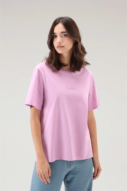 Różowy t-shirt Woolrich z okrągłym dekoltem z bawełny w stylu casual