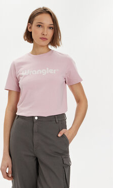 Różowy t-shirt Wrangler z krótkim rękawem w młodzieżowym stylu z okrągłym dekoltem