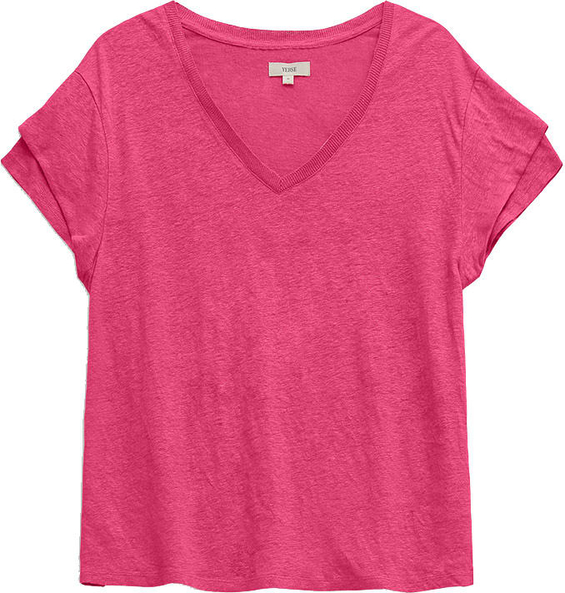 Różowy t-shirt Yerse z lnu w stylu casual z dekoltem w kształcie litery v