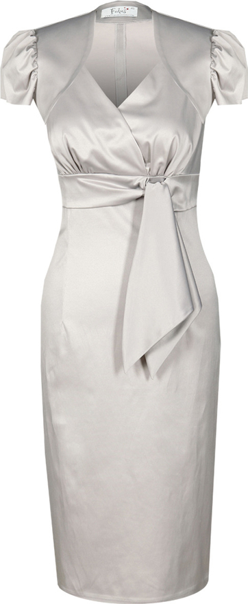 Srebrna sukienka Fokus z tkaniny z krótkim rękawem z dekoltem w kształcie litery v