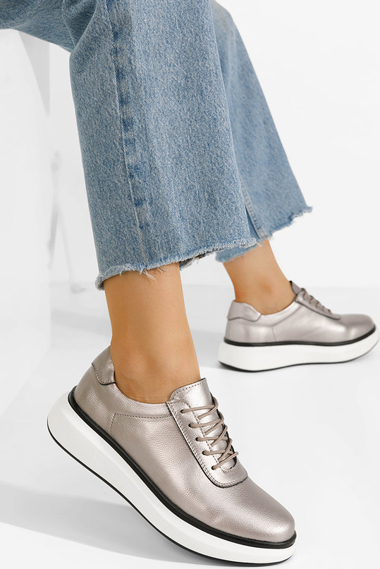 Srebrne półbuty Zapatos z płaską podeszwą sznurowane w stylu casual