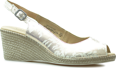 Srebrne sandały Caprice ze skóry ekologicznej na koturnie z klamrami