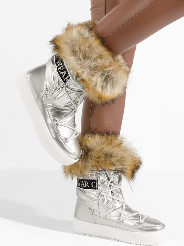 Srebrne śniegowce Zapatos z płaską podeszwą sznurowane