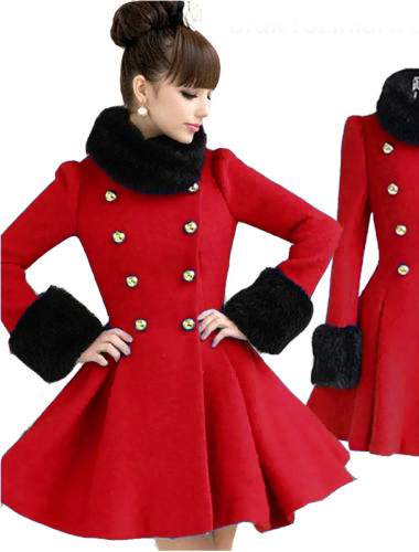 Styl asyk damski zimowy rozkloszowany płaszcz czerwony