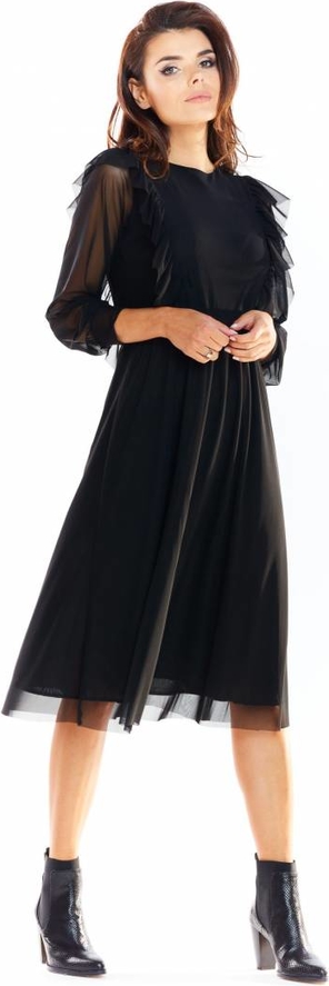 Sukienka Awama z długim rękawem z okrągłym dekoltem z tiulu