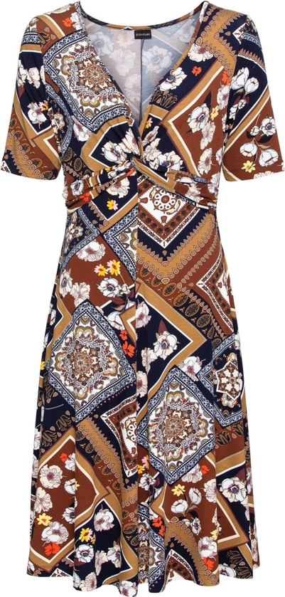 Sukienka bonprix z krótkim rękawem midi z dekoltem w kształcie litery v