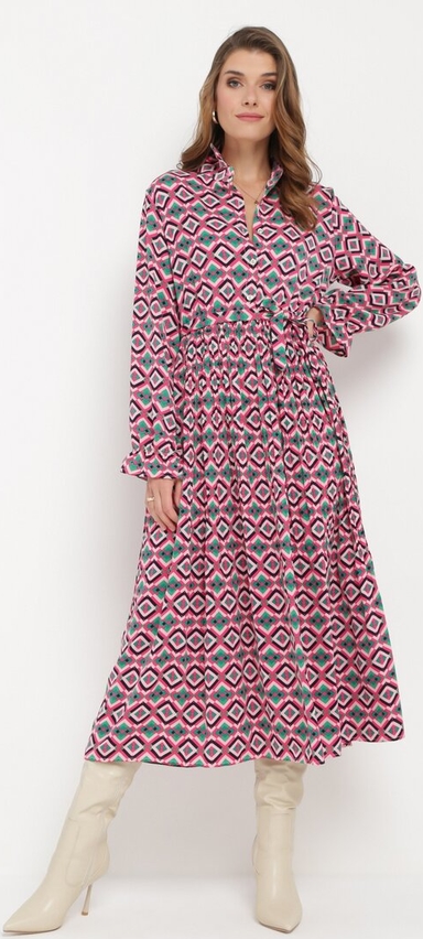 Sukienka born2be midi w geometryczne wzory z dekoltem w kształcie litery v