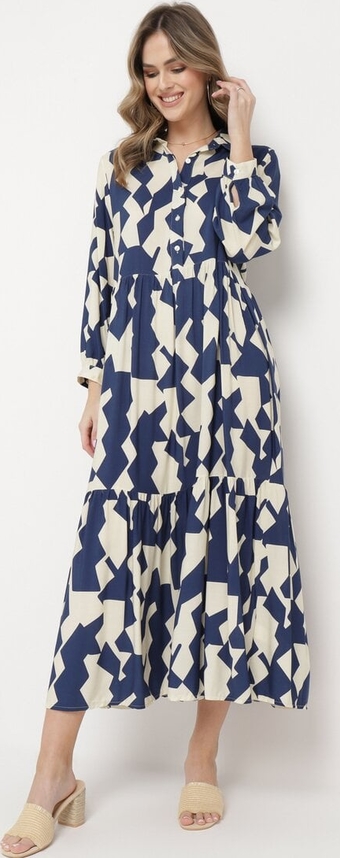 Sukienka born2be w geometryczne wzory maxi z długim rękawem
