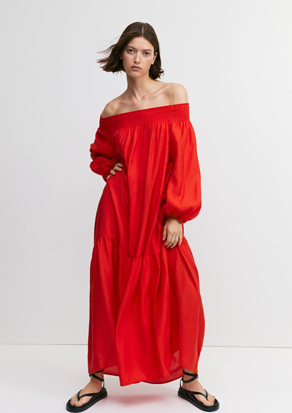 Sukienka H & M maxi z długim rękawem z odkrytymi ramionami