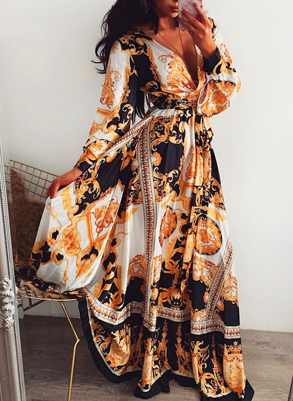 Sukienka Sandbella z dekoltem w kształcie litery v maxi z długim rękawem