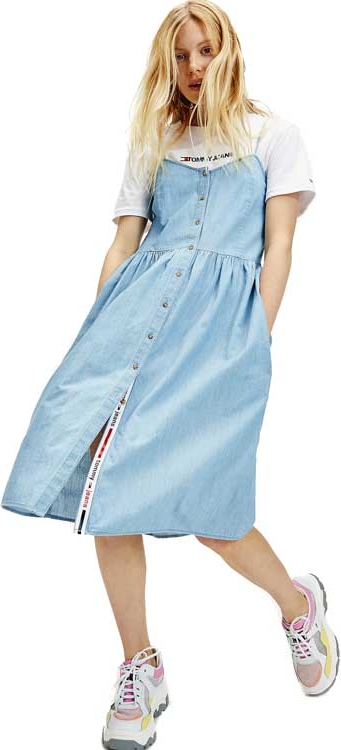 Sukienka Tommy Jeans z dekoltem w kształcie litery v midi na ramiączkach